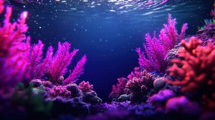 Vibrant underwater coral reef with colorful marine vegetation and soft lighting in deep blue water.