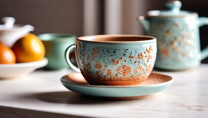 An exquisite ceramic miniature coffee cup, beautifully crafted with delicate patterns and soft colors, perfect for displaying in kitchens or as a thoughtful gift for coffee lovers, Generative AI