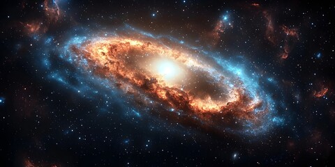 Obraz premium A breathtaking view of a galaxy, a swirling mass of stars and gas. The galaxy's core glows with a bright light, and its arms are filled with color.