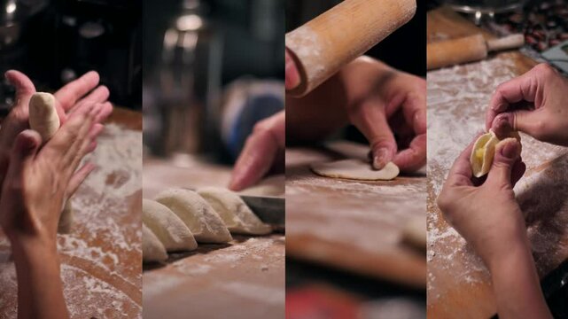 preparation of stuffed pasta, ravioli, tortellini, dumplings. collage, multiscreen
