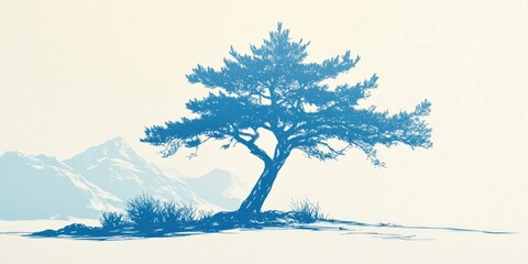 Obraz premium Cedar Tree, christian symbol of strength and resilience. Lonely tree on a white background. Digital illustration. 