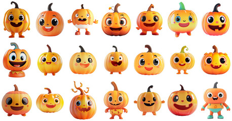Cute Pumpkin Characters Set with Transparent Background - Perfect for Halloween Decor and Design Elements
