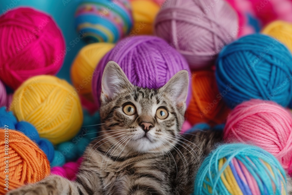 Poster kittens are having fun surrounded by colorful yarn balls and toys, showcasing their playful nature i