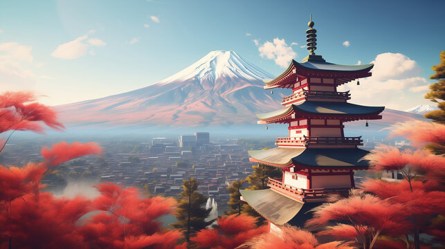 three-dimensional illustration of chureito pagoda with view on mount Fuji or Fujiyama in morning