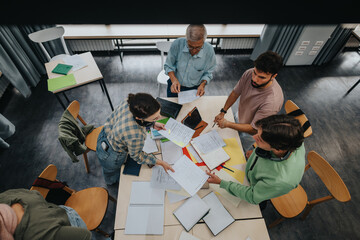 Group of college students working together on a project with guidance from an elderly professor in...