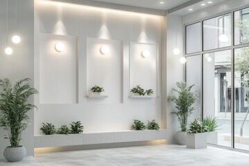 Fototapeta premium Elegant fashion store setup with white walls, light gray tiles, glass windows, and modern white lighting, with plants outside, in ratio