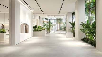 Elegant fashion store in a mall featuring white walls, light gray floors, and large glass windows with a view of external plants