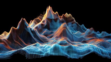 Abstract orange and blue glowing particle mountain range is forming on black background