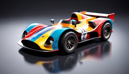 A unique ceramic miniature race car, painted in dynamic colors with exciting designs, ideal for adding energy to toy collections or as a fun gift for young racers, Generative AI