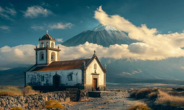 Explore an antique church near stunning Mount Misti in Peru at sunrise