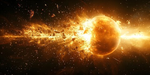A fiery explosion in space, a planet or star disintegrates, spewing debris and a brilliant light into the vast expanse of the cosmos.