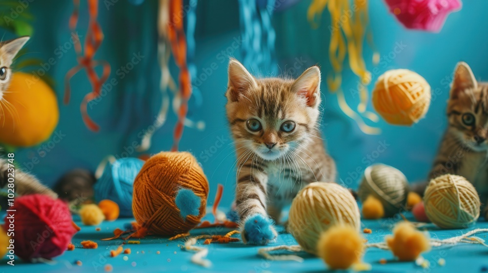 Poster a group of lively kittens enthusiastically explores a vibrant space filled with balls, yarn, and che