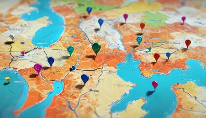 A vibrant scene of discovering locations with map pins, emphasizing the thrill of exploring new areas and the beauty of the digital mapping experience, Generative AI