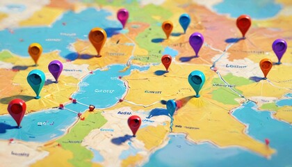 An illustrative depiction of location exploration using map pins, capturing the essence of adventure and discovery in a colorful and engaging digital environment, Generative AI
