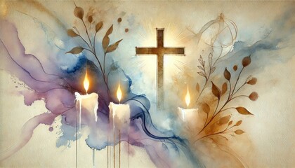 All Souls' Day. Religious background with a cross, flowers and candles. Vector illustration. 