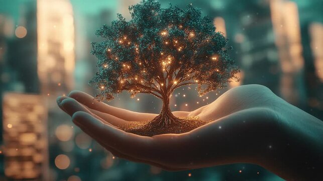 A tree of life is floating on the human's palm in futuristics concept with city background. World Environment Day.