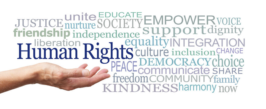 Human Rights Word Cloud on white background - female open palm hand with the words Human Rights above surrounded by a relevant word cloud on a white background
