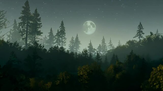Timelapse. Day turns into night. A forest with a full moon in the sky. The moon is in the middle of the sky and the trees are in the foreground. Timelapse in nature.