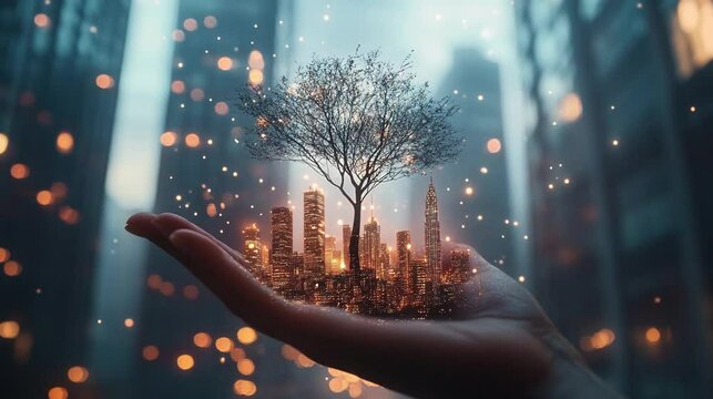 A tree of life is floating on the human's palm in futuristics concept with city background. World Environment Day.