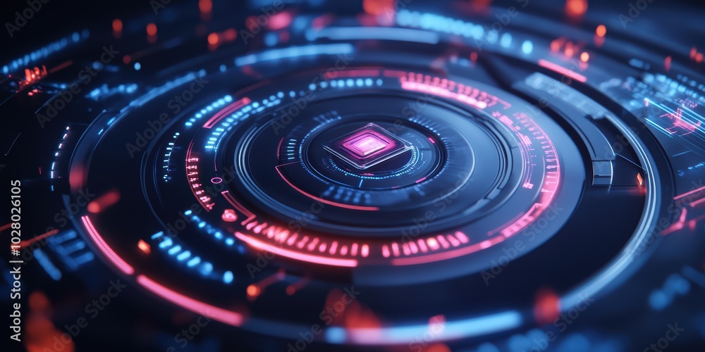 Poster futuristic digital user interface featuring glowing circular elements for advanced interaction and v