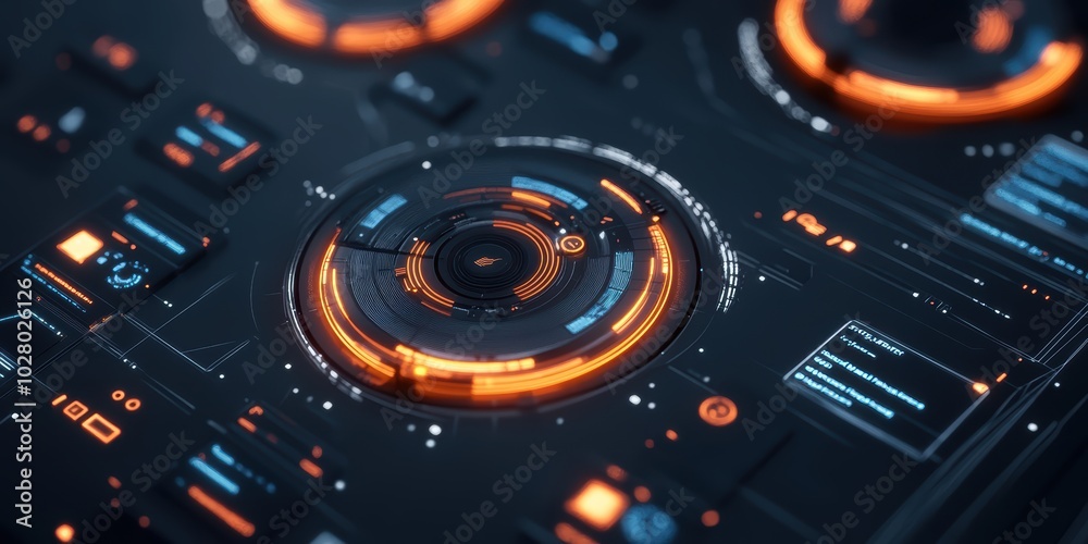 Poster futuristic digital user interface featuring glowing circular elements for enhanced interaction and i