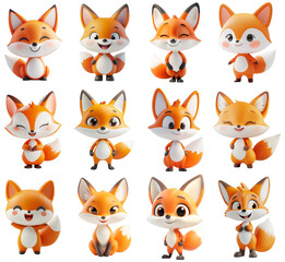 Cute Fox Illustrations Set - Adorable Cartoon Fox Characters on Transparent Background for Design Elements