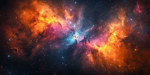 Fototapeta premium A cosmic tapestry of vibrant colors and twinkling stars, a nebula shines bright against the backdrop of the night sky.