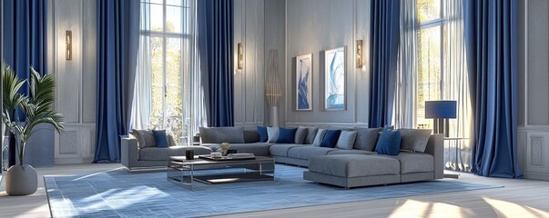 Expansive modern living room panoramic with blue curtains and square designs, complemented by light grey walls and elegant decor