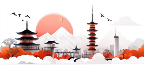 Obraz premium Risograph Print Travel Poster Illustration Evoking the Essence of Kyoto City