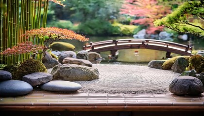 A Zen garden with carefully arranged rocks, raked gravel, and a small koi pond.