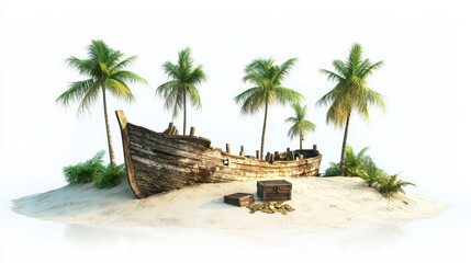 Obraz premium A deserted pirate island with an old wooden shipwreck and treasure chest half-buried in the sand