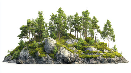A green forested island with tall trees and rocky shores, floating on the white background