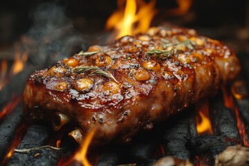 Pork knuckle bakeing over a campfire. Baked meat. Delicious dish. Meat with spices and sauce. 