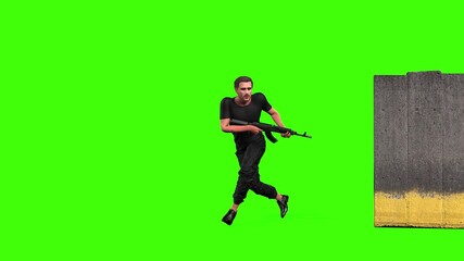 4k boy appears behind the barrier holding an AK-47 rifle and running for enemy attack animation on a green screen, The 3D character of a young boy runs to begin an assault motion on chroma key