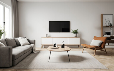 A living room with a large flat screen TV mounted on the wall