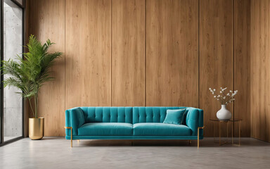 A blue couch sits in front of a wooden wall