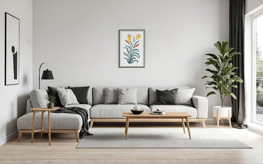 Living room with a couch, coffee table, and potted plant