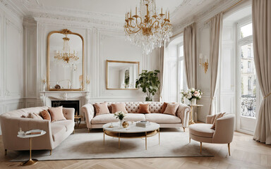 A large living room with a fireplace, a chandelier, and a large