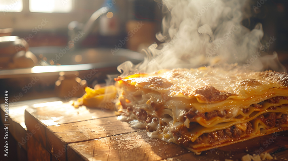 Wall mural Freshly Baked Steaming Lasagna on Wooden Countertop in Kitchen - A delicious, homemade lasagna fresh out of the oven, steaming on a rustic wooden countertop, capturing the essence of Italian c