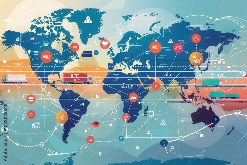 Fototapete A detailed global map illustrates highlighted transport routes along with icons representing different modes of transportation worldwide. Generative AI