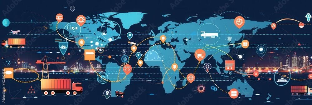 Aufkleber a colorful global map displays transport routes, featuring different transport icons that highlight 