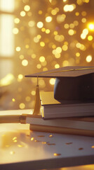 Obraz premium Graduation cap on books with golden bokeh lights