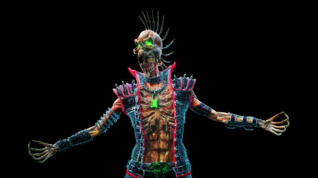 Punk Skeleton VJ Loop &ndash; stylized punk rock skeleton with spiky bones on the head and punkish outfit moving on the beat in seamless loop. Use it in your next VJ thematic sets, metal and gothic festival