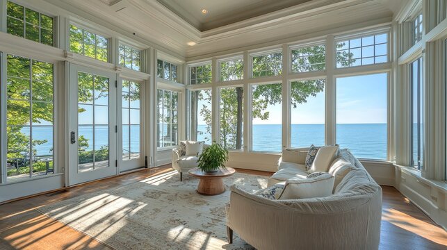 Grand lakeside property on Lake Michigan, featuring a sunroom with natural light, captured in high-resolution for a luxury real estate showcase