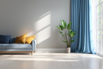 High-definition  image of a stylish living room with blue curtains, light grey walls, and modern decor including a plant in the corner
