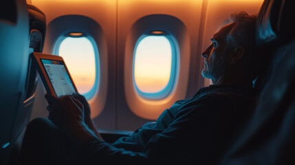 Businessman relaxing with tablet on night flight in airplane cabin