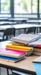 Stack of colorful books and open book in bright classroom setting