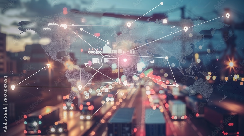 Poster highlighted transport routes connect major global locations, showcasing diverse transportation metho