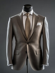 Tailored suit with a neutral color palette on a charcoal gray background