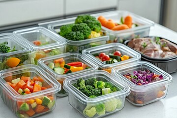 Nutritious meal prep containers filled with colorful vegetables and meats arranged on a kitchen counter for healthy eating